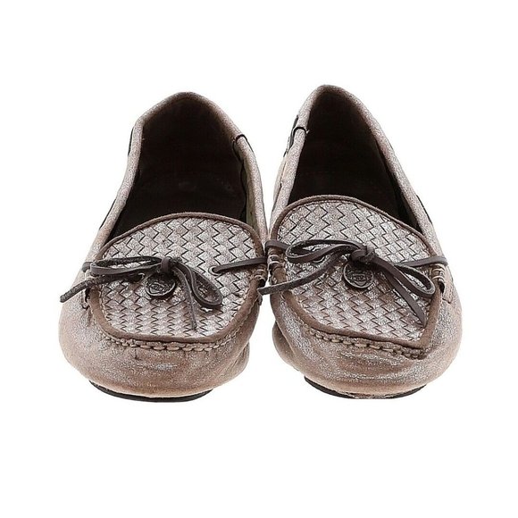 Etienne Aigner Cream‎ Metallic Bow Woven Driving Loafers Flats Gold Sz 9 - Picture 1 of 10